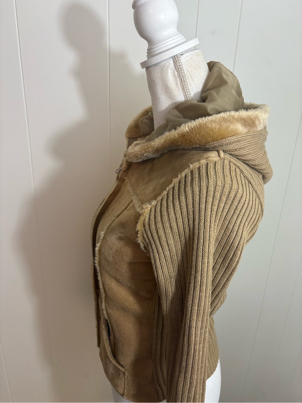 Vintage Say What? Women's Hooded Teddy Sweater Jacket in Tan - Picture 6 of 9
